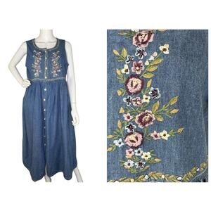 Vtg 90s Denim Maxi Dress Sleeveless Embroidered Cottagecore Pockets Sz M